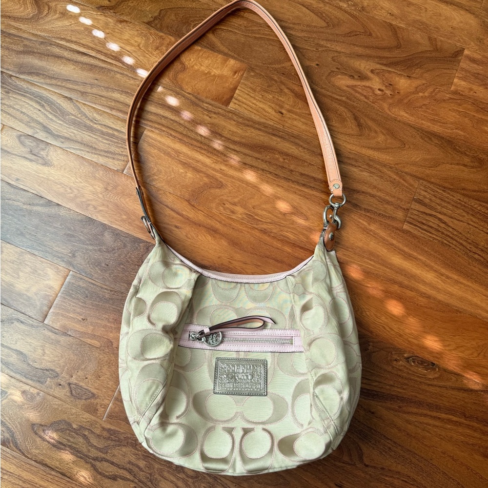 Coach Tan and Pink Shoulder Bag with Signature Design